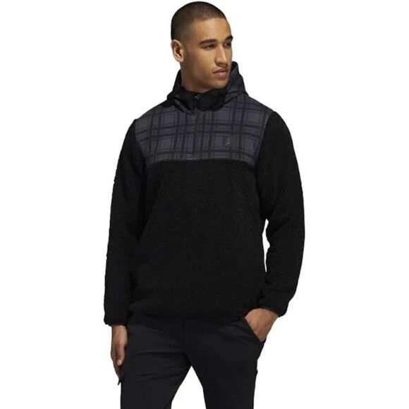 ADIDAS Men's Adicross Black Gray Plaid Sherpa Fleece Hooded Sweatshirt Medium - Picture 1 of 7